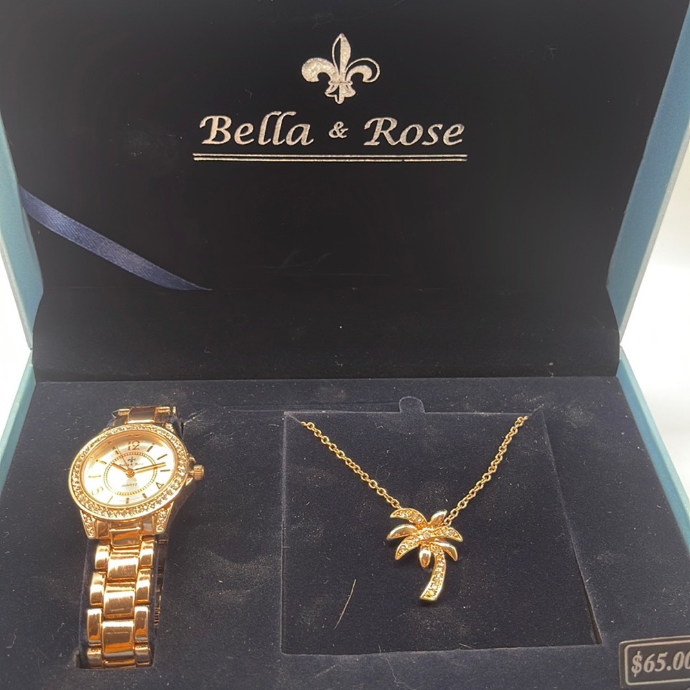 NIB Bella & Rose Watch & Palm Tree Necklace Gift Set in Rose Gold